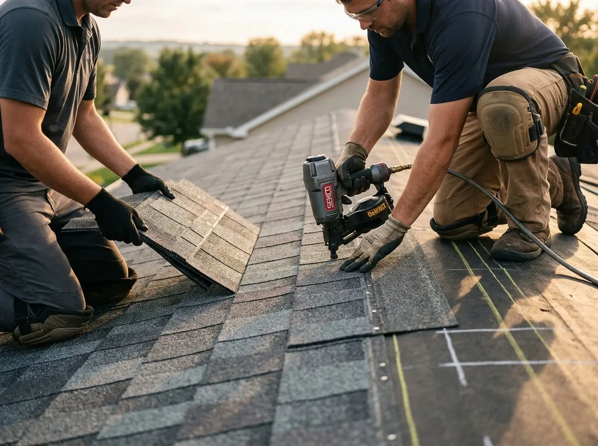 Professional roofer working on a residential roof in Walworth